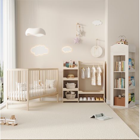 Mobili combinati per bambini 140x60x142 cm, letto trasformabile in lavagna magnetica e scrivania, libreria girevole 360°, legno massello e truciolare MDF, naturale (1/5)