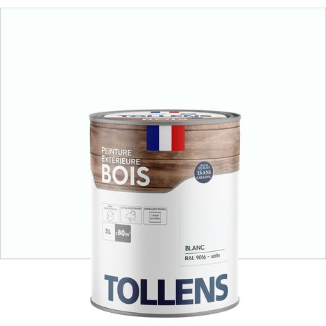 Tollens – Peinture bois extérieur 2 en 1 – Ultra résistante aux intempéries – Satin blanc – 5L pour 80m² – Application directe sur fenêtres et volets