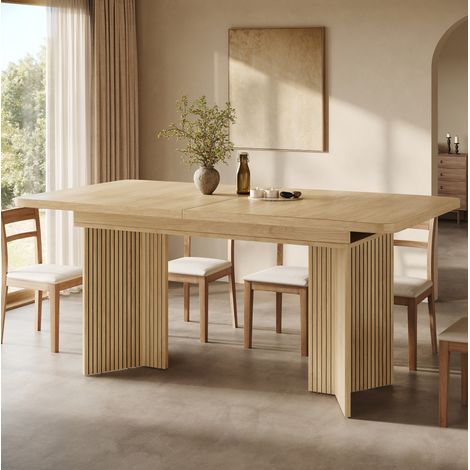 Mesa de comedor extensible (120x80x76.1 cm), tablero ampliable, patas en V con relieve vertical, MDF y metal, madera (1/5)