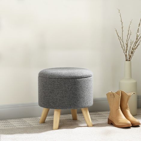 Pouf rond repose-pieds tabouret avec coffre de rangement pieds en bois design moderne gris (1/5)