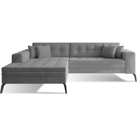 Canapé convertible capitonné angle gauche velours gris clair et pieds métal noir Lazor 295cm (1/5)