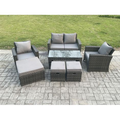 Fimous 7 Seater Outdoor Rattan Garden Furniture Set Patio Lounge Sofa Set with Coffee Table 3 Footstools Dark Grey Mixed (1/5)