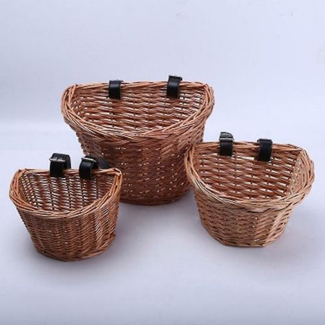 Panier de vélo en osier en forme de D, panier de courses tissé à la main, panier de rangement pour guidon de vélo avec cuir (1/4)