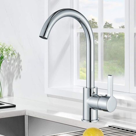 Kitchen Sink Taps Mixer 1 Hole, Single Lever 360¡ã Swivel High Spout for Kitchen Sink with UK Standard Fittings, Chrome (1/5)