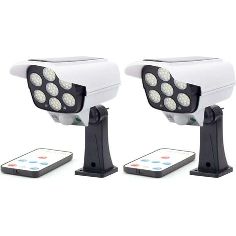 Lot de 2 lampes solaires à 77 LED avec détecteur de mouvement et fausse caméra, pour jardin extérieur, étanches et télécommandées.