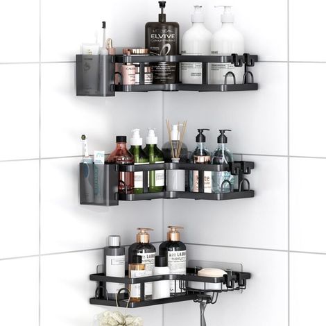 Etagere Douche sans Percage, 5 Pièces Etagere Salle De Bain Angle avec Porte Savon Douche, Support Gel Douche Salle De Bain Porte Shampoing Douche (1/5)