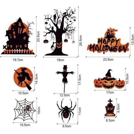 Stickers décoratifs Halloween pour fenêtre ou miroir. Citrouilles, chats, chauve-souris, fantômes, sorcières, araignées, etc… (1/3)