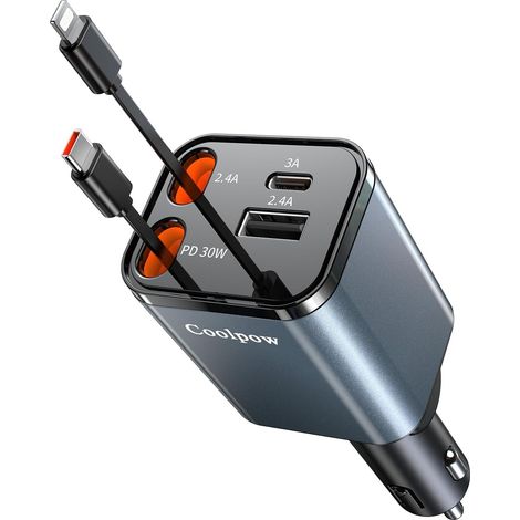 4 en1 Chargeur Allume Cigare Voiture USB C【Câble Rétractable】Chargeur Voiture avec USB-C/USB-A Chargeur Voiture Chargement Prise Allume Cigare 12V/24V Accesoire Voiture Car Charger (1/5)