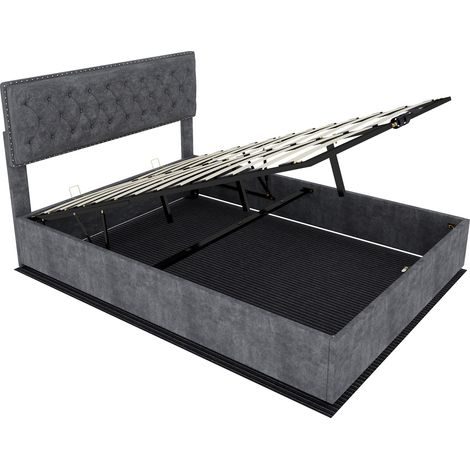 Bettkastenbett grau 140 x 200 cm mit Matratze, gepolstertem Kopfteil, Gasdruckfedern, MODENUIT (1/5)