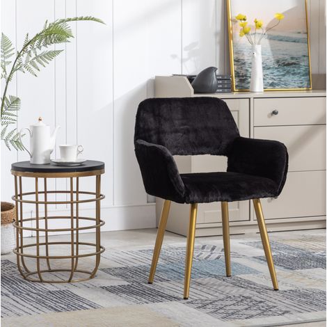 Chaise de salle à manger en fausse fourrure noire avec accoudoirs et pieds en acier doré (1/5)