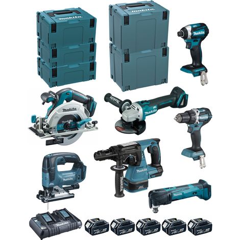 Confezione da 7 macchine 18V - trapano DDF484 + avvitatore DTD154 + smerigliatrice DGA506 + sega DHS680 + perforatore DHR243 + fresa DTM51 + sega DJV182 - MAKITA - con 5 batterie 18V 5Ah + 2 caricator