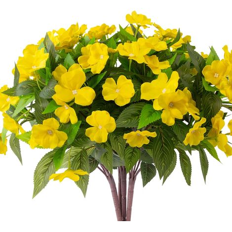 4 Pièces Fleurs Artificielles Impatiens Extérieures Résistantes aux UV Plantes Artificielles en Soie Décoration Jardin Terrasse Balcon, Jaune