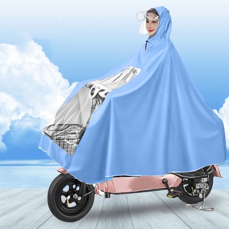 Cape de pluie intégrale pour moto électrique avec casque, résistante aux intempéries, idéale pour scooter de mobilité, vélo et cyclisme. Bleu ciel, taille XXXXL. (1/5)