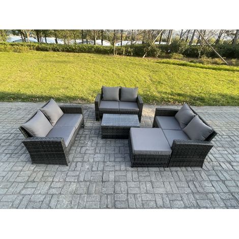 Fimous Dunkelgrau 7-Sitzer Rattan Gartenmöbel Set im Freien Patio Liebes-Sofa Rechteckig Couchtisch Set mit Großer Fußhocker (1/5)