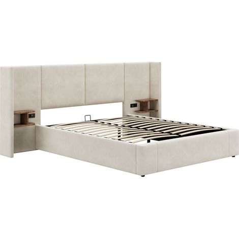 Lit capitonné hydraulique 160 x 200 cm à larges oreilles, avec port USB, prises, deux tables de chevet avec espace de rangement, sommier à lattes en bois, montage facile, velours, beige (1/5)