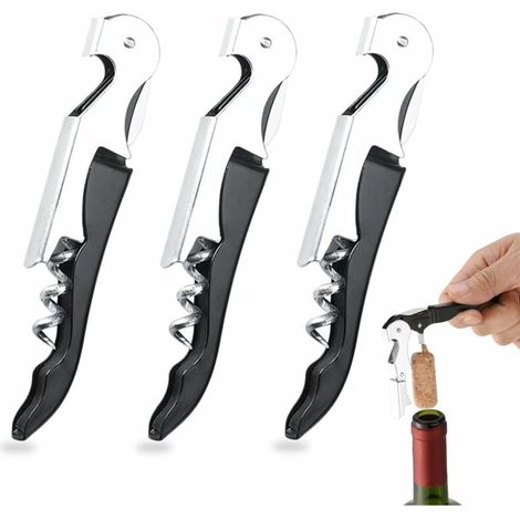 Tire-bouchon - Ouvre-bouteilles 3-en-1 - Acier Inoxydable - Pour Vin Et Bière - Coupe-capsule Dentelé - Noir - 3 Pièces (1/5)