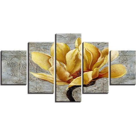 Tableau sur toile pour murs Fleurs jaunes Peintures décoratives jet d'encre HD Maison Cuisine Tableau 5 panneaux Imperméable Ne se décolore pas Moderne (Couleur : avec cadre, Taille : 80x150cm) (1/5)