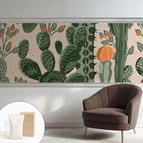 Tapete Vliestapete mit Kleber - abwaschbar - Tapete mit Motiv - trendige Wanddeko - elegant Fototapete  Grüne Kakteen 250x104 cm
