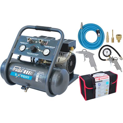 Prodif – Compresseur ultra silencieux 6L – Moteur bi-cylindre coaxial 0,75 CV – Pression maximale 8 bars – Débit d’air 100 L/min (1/4)