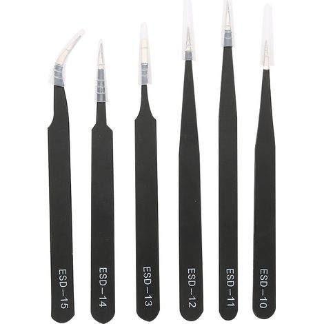 Ensemble de 6 pinces de précision antistatiques, pinces pointues et courbes en acier inoxydable noir (1/5)