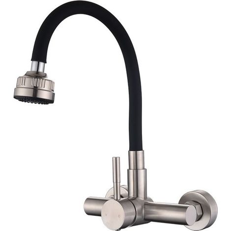 360° Wall Mounted Kitchen Faucet with Four Function Sprayer, with Black Silicone Hose, Brushed Stainless Steel (1/5)