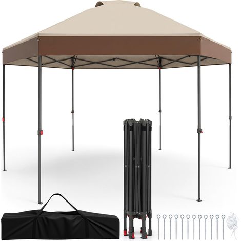 COSTWAY Gazebo Pieghevole da Giardino 360 x 360 cm, Gazebo Pop-up con Altezza Regolabile, Borsa da Trasporto, Picchetti e Corde, Tenda a Baldacchino Impermeabile per Campeggio e Feste (Marrone) (1/5)