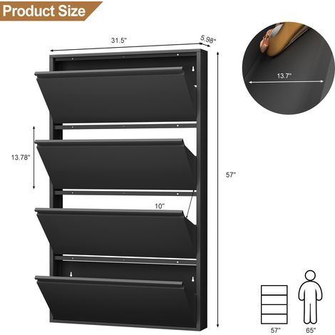 Zapatero metálico de pared con 4 cajones abatibles negro (1/5)