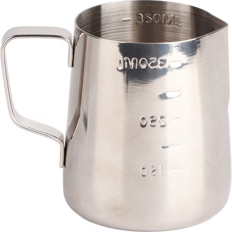 Pichet à mousser le lait en acier inoxydable pour épaissir le lait, idéal pour les lattes et autres préparations artistiques. Graduation double face, 350 ml. (1/5)