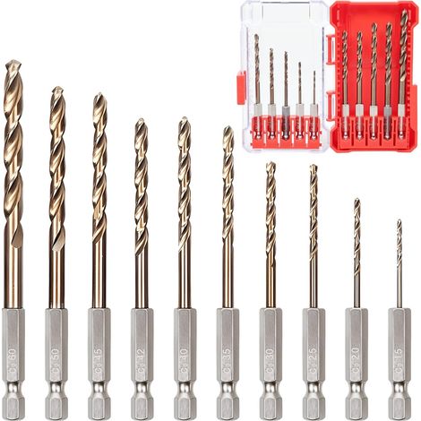 Juego de 10 brocas helicoidales de vástago hexagonal HSS M35 (1,5 – 6,0 mm) – adecuadas para acero inoxidable, metales duros, acero templado, aluminio y cobre.