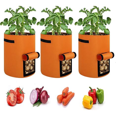 Lot de 3 sacs à pommes de terre en feutre, Poche de culture avec rabat et poignées – Tissu épais renforcé, durable – Idéal pour cultiver pommes de terre, légumes racines sur balcon, terrasse