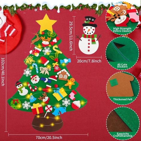Albero di Natale in feltro per bambini, decorazione fai da te per albero di Natale in feltro, albero di Natale in feltro con 40 ornamenti rimovibili e 30 luci LED, decorazione da parete per albero di (1/4)