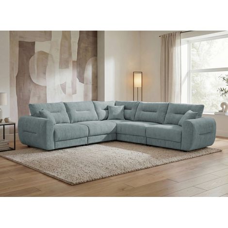 Deco In Paris – Canapé d'angle velours chiné bleu 5 places – Assise moelleuse – Dossiers capitonnés – 3 coussins assortis – Style contemporain (1/5)