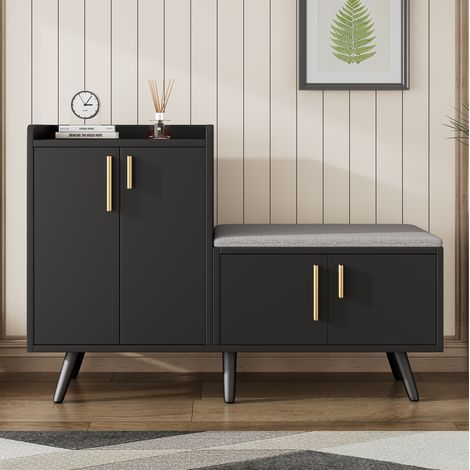 Meuble à chaussures avec assise 120/34/82,8 cm, noir et noyer foncé, rangements intérieurs (1/5)