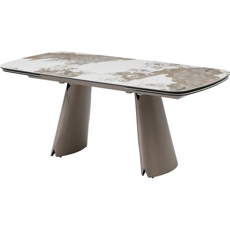 Tavolo da pranzo allungabile da 6 a 10 persone in ceramica, vetro temperato e metallo bronzo - Effetto marmo bianco e grigio - FARUDI di Maison Céphy