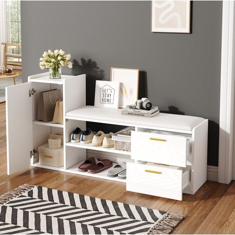 Schuhschrank 128 x 30 x 68 cm mit 2 Schubladen, Schrank, Sitzkissen, weiß HAVRYA (1/5)
