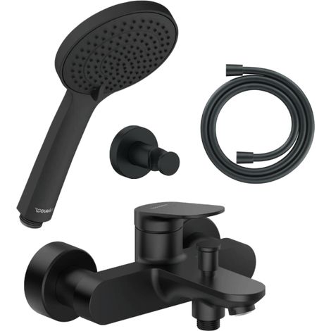 Conjunto de mezclador mécanico para bañera/ducha DURAVIT Wave + cabezal de ducha universal 3 chorros + manguera de 160 cm + soporte negro mate (1/4)