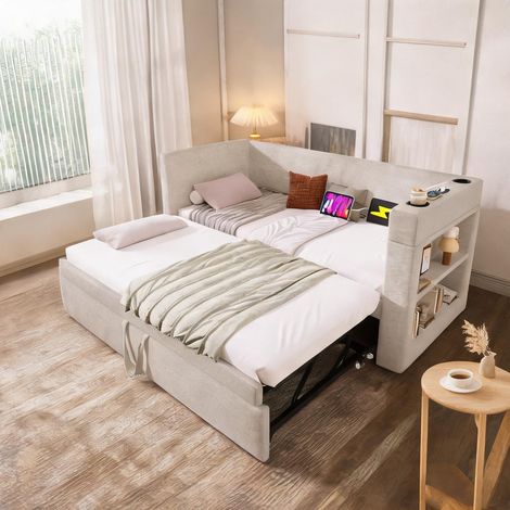 Cadre de lit beige en coton lin 207 x 98 x 74 cm (1/5)