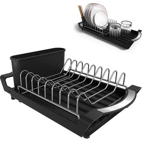 Égouttoir à vaisselle en acier inoxydable, compact et extensible avec égouttoir couverts, support de cuisine, 29 x 20 cm, noir -'Parent'-'- (1/5)