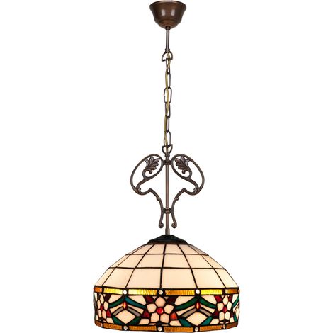 Lampe à suspension de plafond avec chaîne et ornement en fonte avec abat-jour Tiffany diamètre 40 cm Série Museum