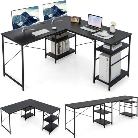 COSTWAY L-Shaped Corner Computer Desk Study Writing Desk Workstation with Storage Shelf (1/4)