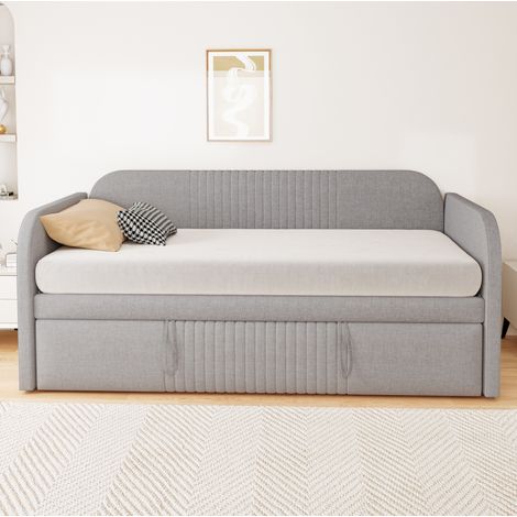 Letto estraibile 90/180×190 cm in tessuto effetto lino grigio chiaro, con rete a doghe e funzione multifunzione (1/5)