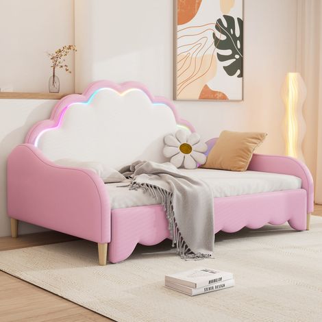 Canapé-lit 140x200cm convertible en couchage avec tête lumineuse à led et télécommande, rose (1/5)