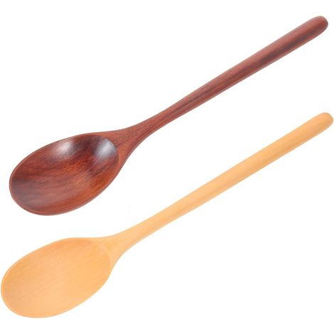 Lot 2 cuillères remuer bois naturel long manche (laqué + brut), légères pour miel, salade, service quotidien (1/5)