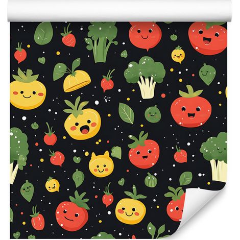 Papier peint Kawaii Légumes Bleu marine et rouge pour salon et chambre 50x1000 cm (1/4)
