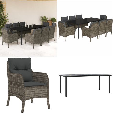 9-tlg. Garten-Essgruppe mit Kissen Grau Poly Rattan - Gartentisch - Gartenstuhl (1/5)