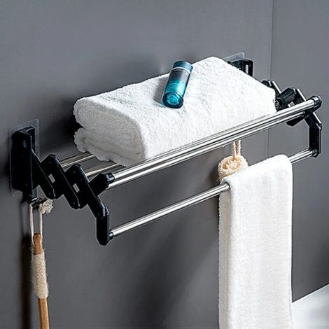 Porte Serviette Mural de Salle de Bain sans Percage, Porte-Serviettes de Mural Adhesif de Pliable, avec 2 Crochets 40cm Porte-Serviettes Extensible, pour la Salle de Bain et la Cuisine (40cm) (1/5)