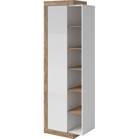 Petits-Meubles – Armoire 1 porte Azior blanche et bois – Dimensions 67x40x200 cm – Panneaux stratifiés – Système push-to-open avec 10 étagères (1/5)