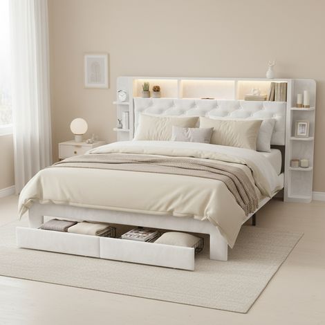 Nmonet – Lit avec tiroirs 140x200 cm – Capitonné en velours blanc – Éclairage LED télécommandé – Ports USB intégrés – Rangement sous le lit