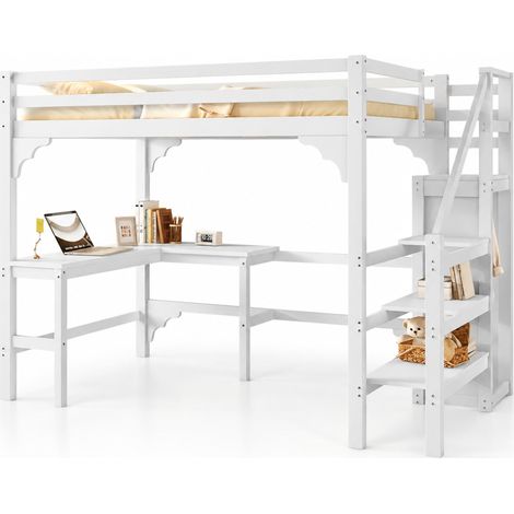 Cama alta 140x200 cm blanca con escritorio en L, armario abierto y escalera con almacenaje, estructura en madera y MDF para dormitorio juvenil - CHICFURN (1/5)