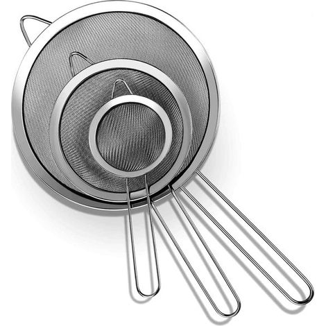 Set de tamis - Passoire - 3 pièces - Tamis de cuisine - Tamis à mailles fines avec poignée - Tamis de cuisine - Tamis à boule - Tamis - Maille fine - Acier inoxydable - Ø 7/12/18 - Argent - Convient p (1/5)